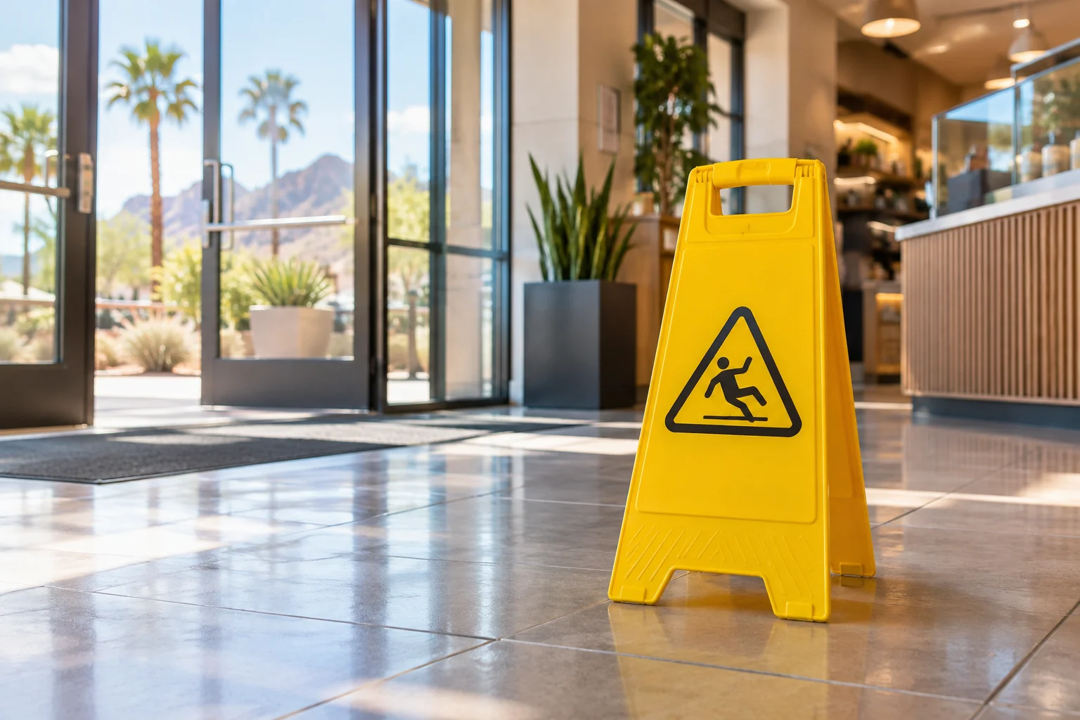 Wet floor caution sign near an Arizona store or restaurant entrance representing a fall claim
