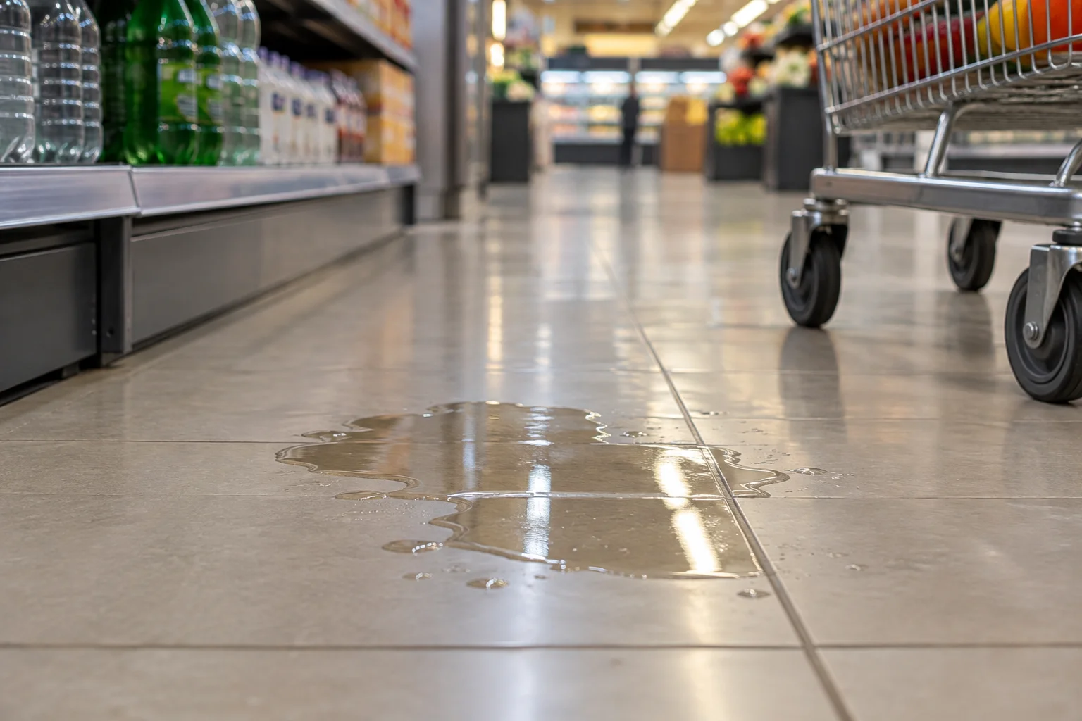 Grocery store aisle floor with a spilled liquid creating a slip and fall hazard