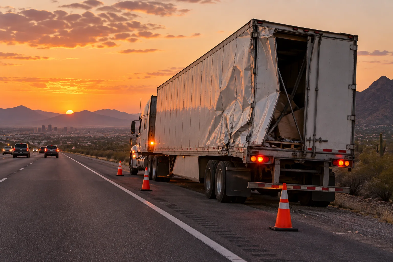 Damaged semi-truck on the shoulder of a Phoenix, Arizona freeway, representing the truck crash claim timeline in Arizona