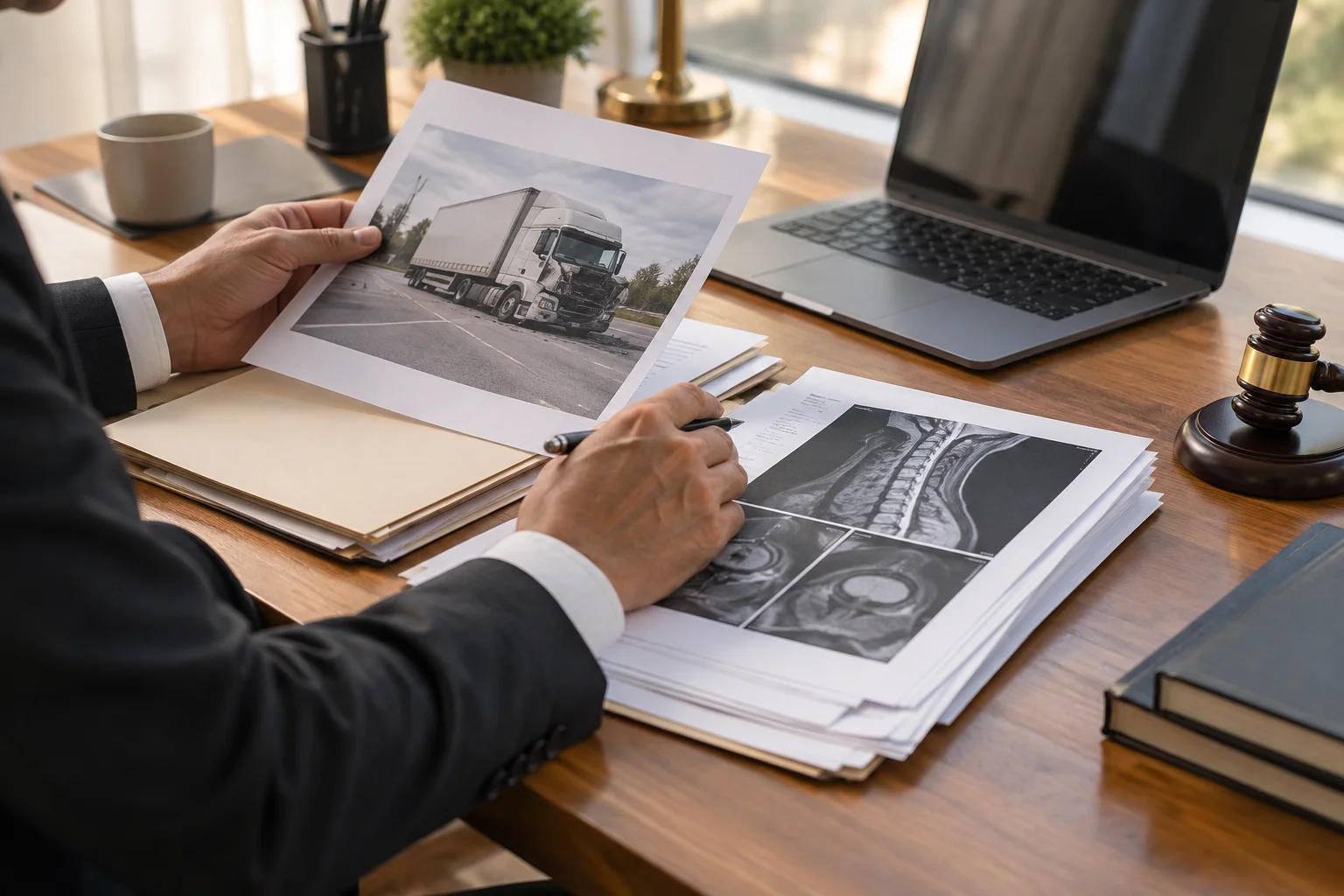 Attorney reviewing truck accident insurance claim documents and medical records at a desk
