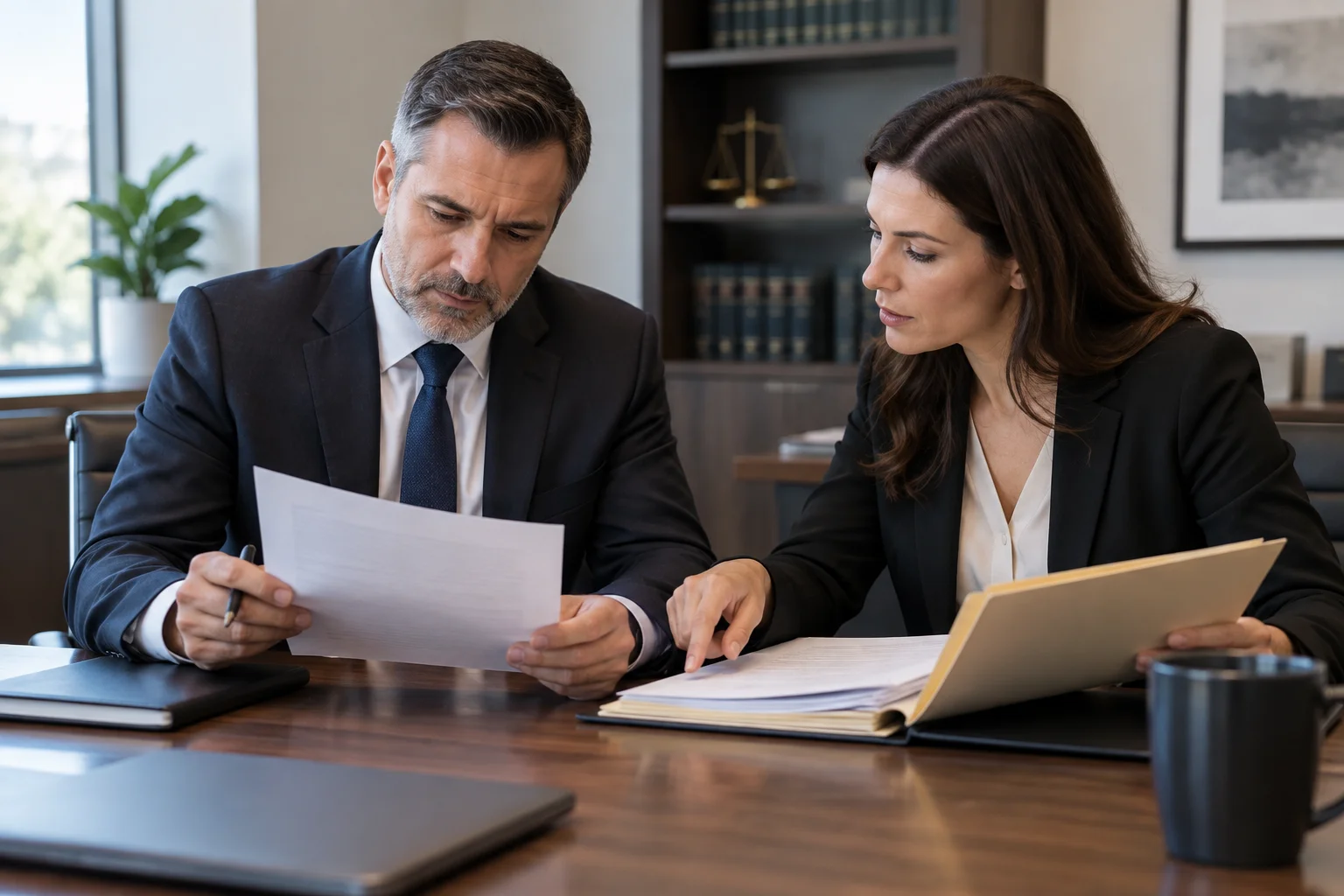 Two attorneys reviewing a settlement agreement and medical records side by side at a conference table