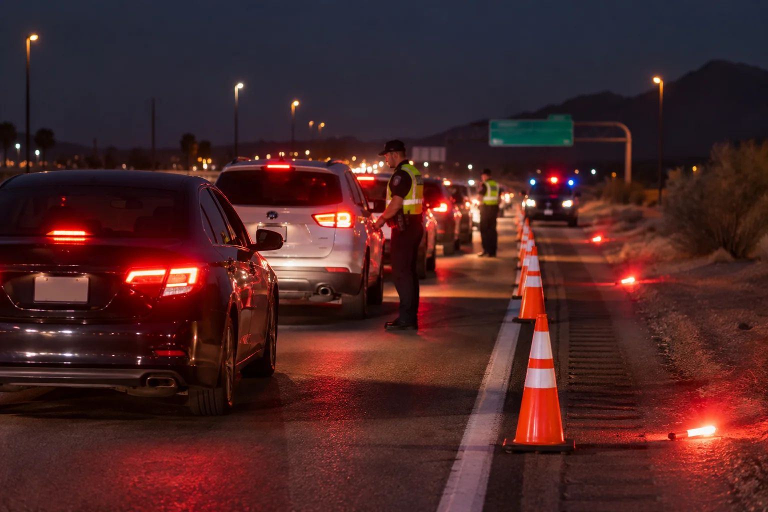 Nighttime Arizona highway checkpoint scene showing increased DUI patrol enforcement during the holiday season