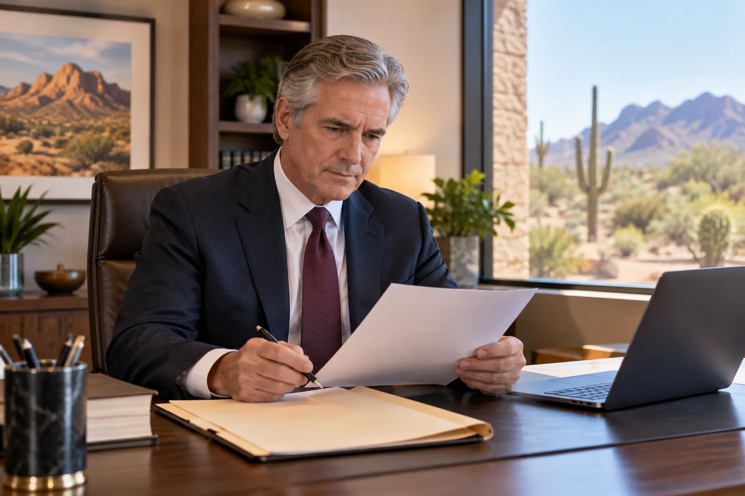 Scottsdale attorney reviewing paperwork after the insurer you pay becomes the other side on a client's uninsured motorist claim