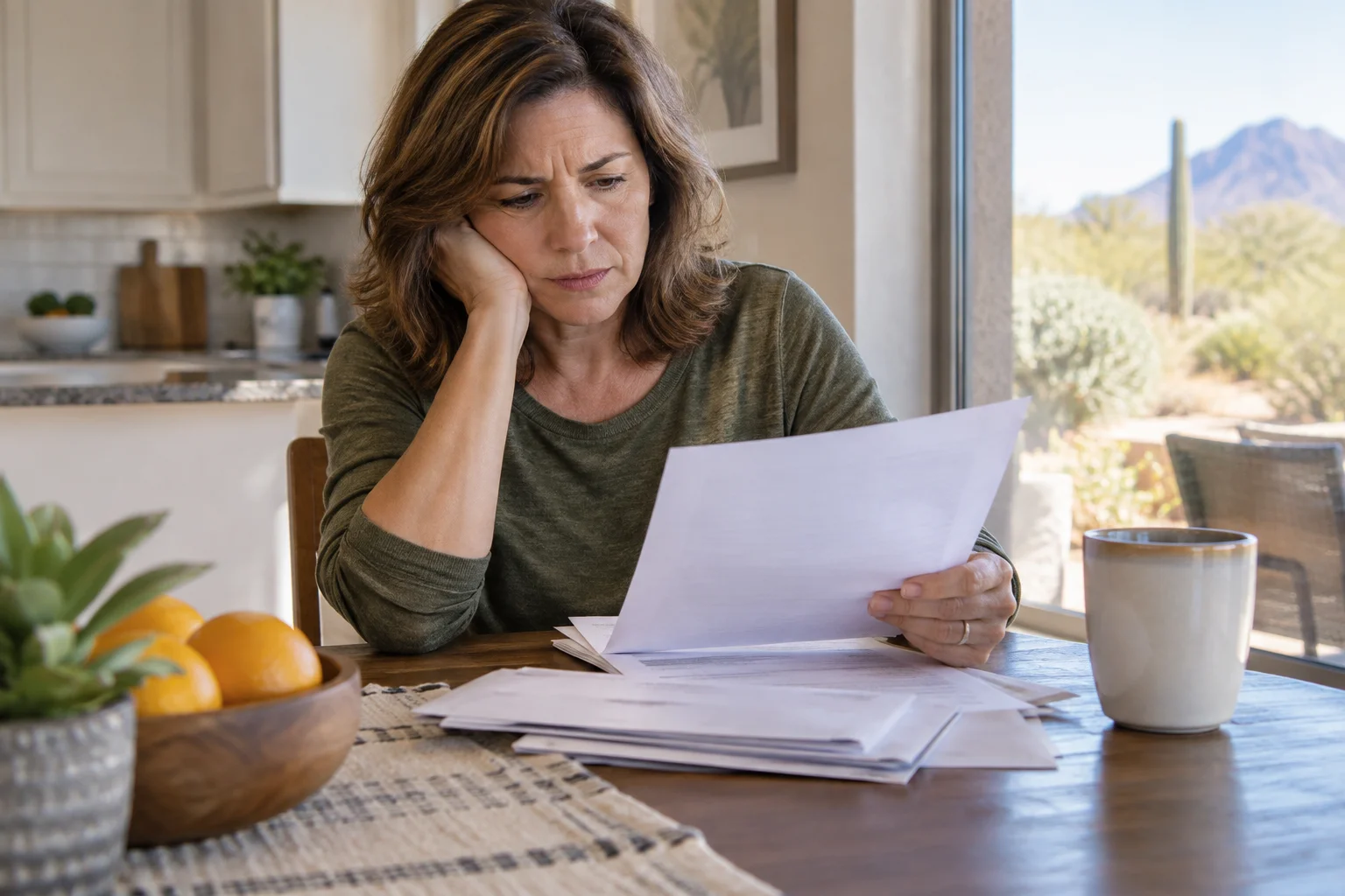 Hands reviewing a denied insurance claim letter alongside medical bills at a home table