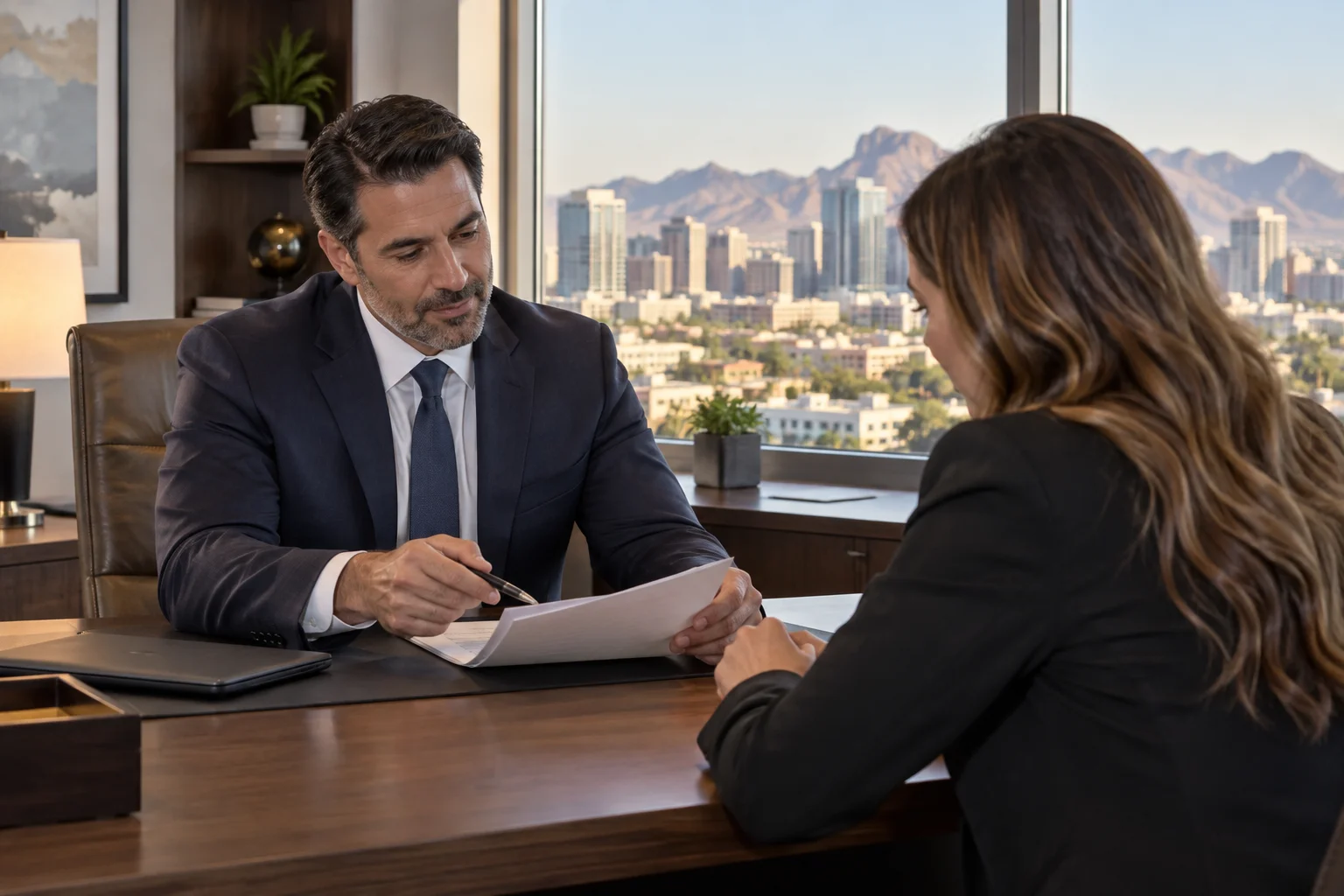 Attorney and client reviewing whether to take the offer or file suit over paperwork in a Scottsdale law office