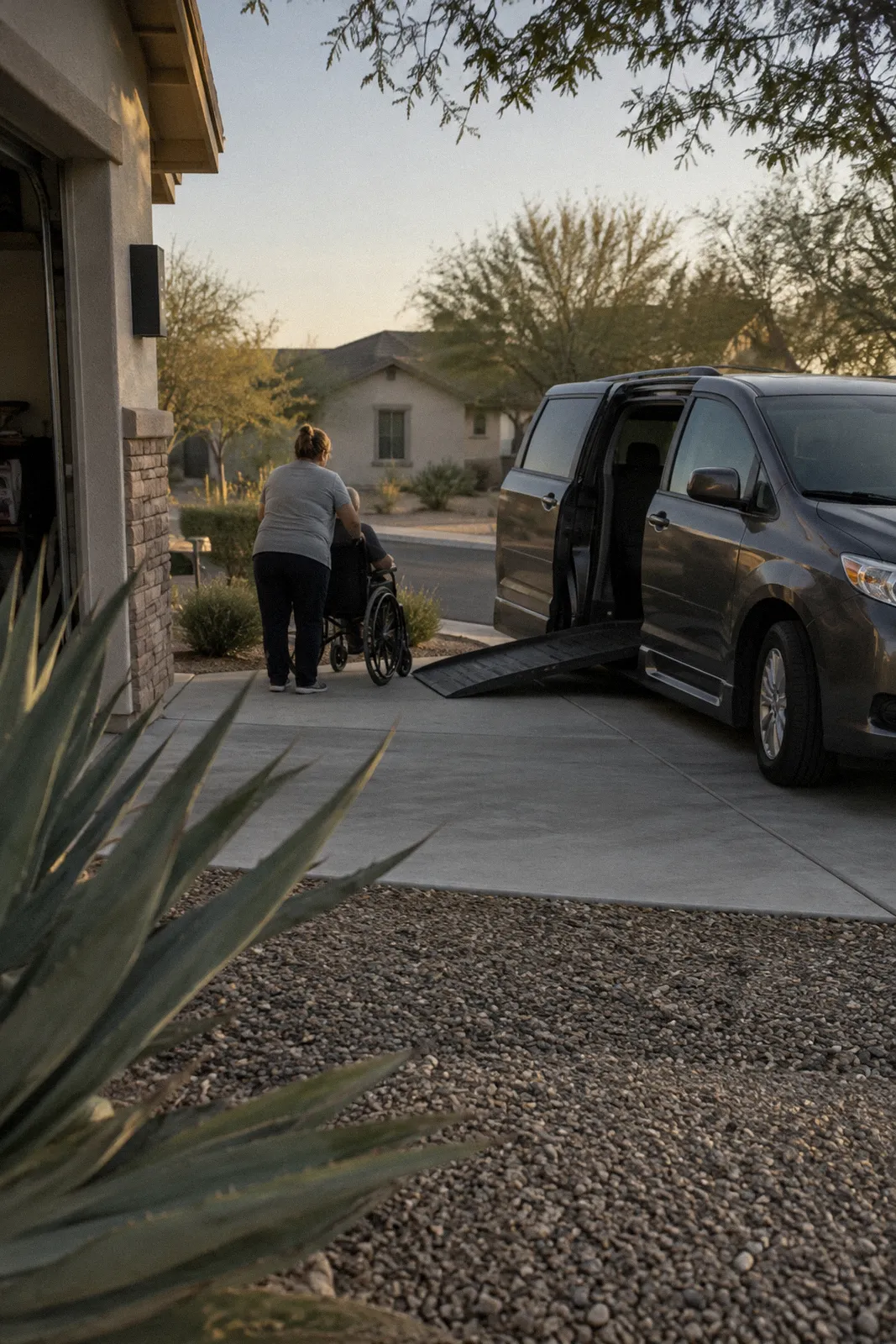 A wheelchair accessible van with its side ramp deployed in a home driveway, desert landscaping