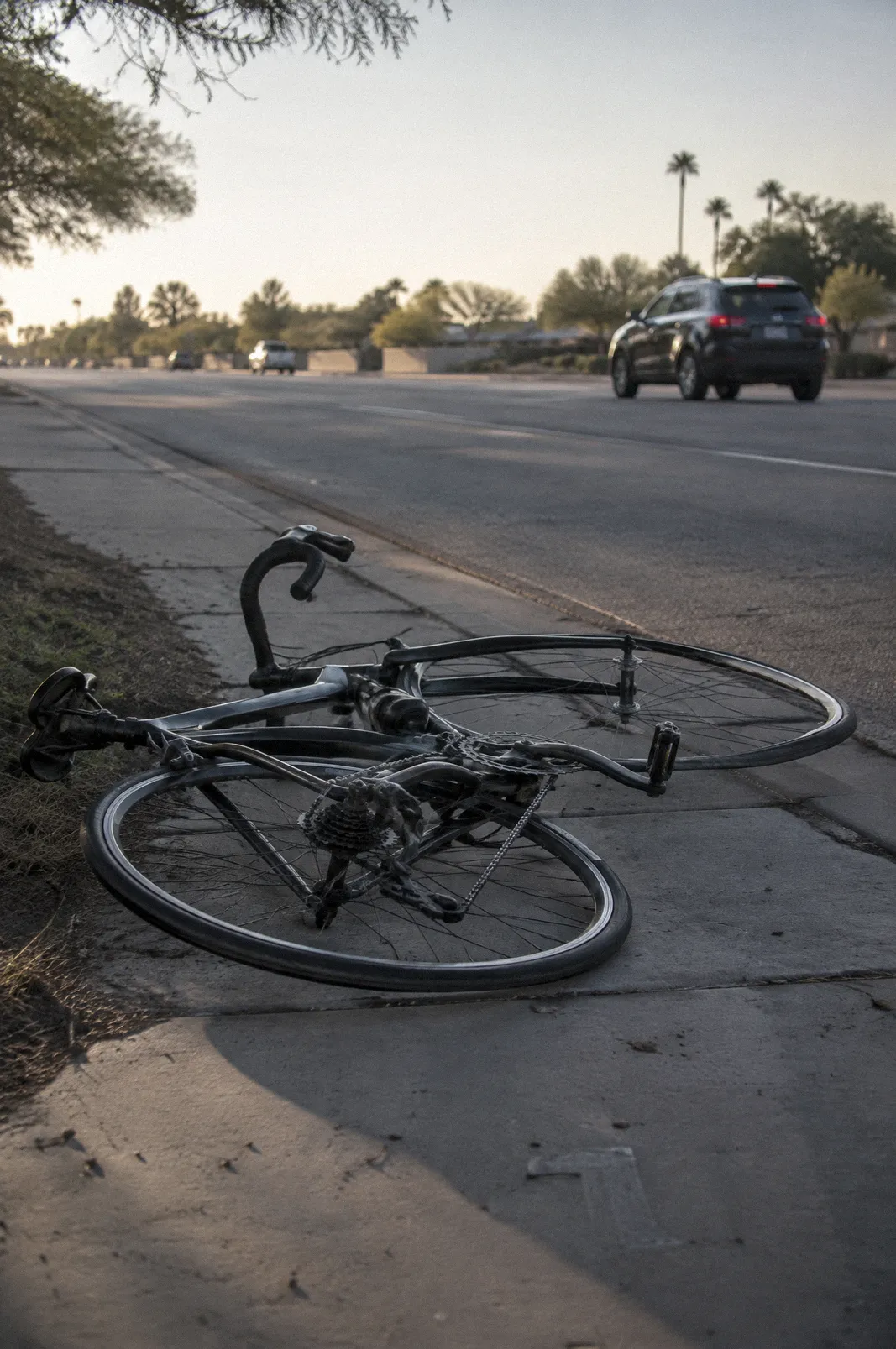 A bent road bicycle lying on its side at the curb, front wheel out of true, no rider in frame
