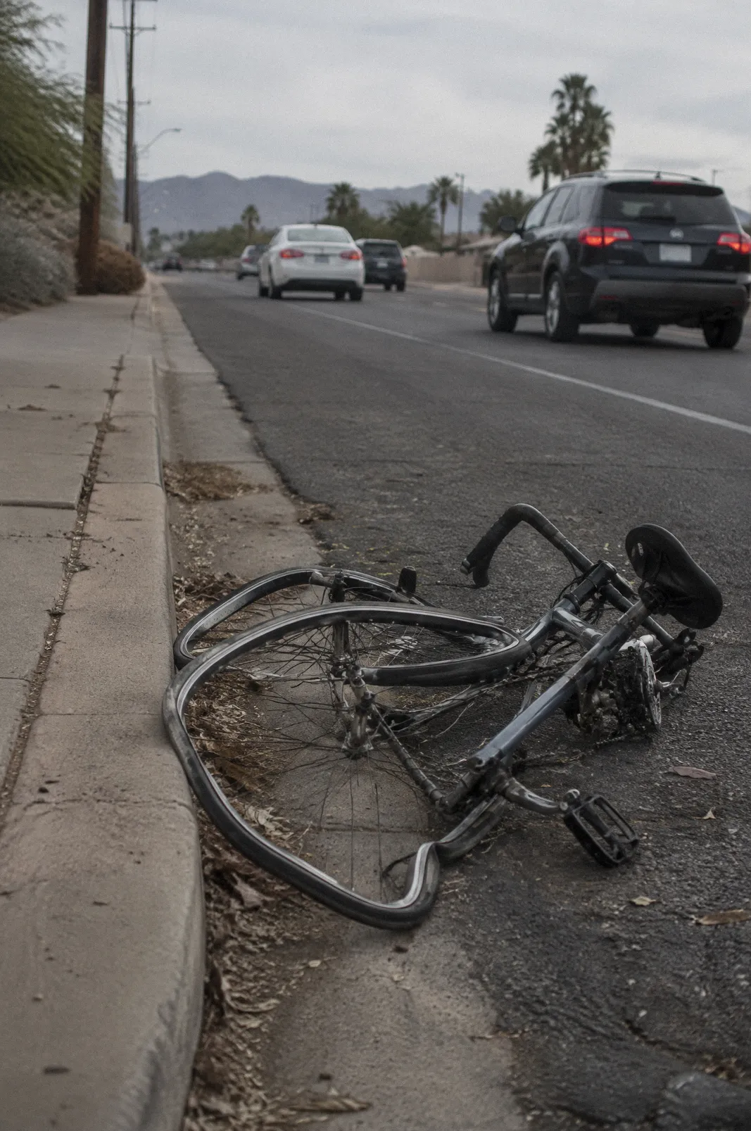A bent road bicycle lying on its side at the curb, front wheel out of true, no rider in frame
