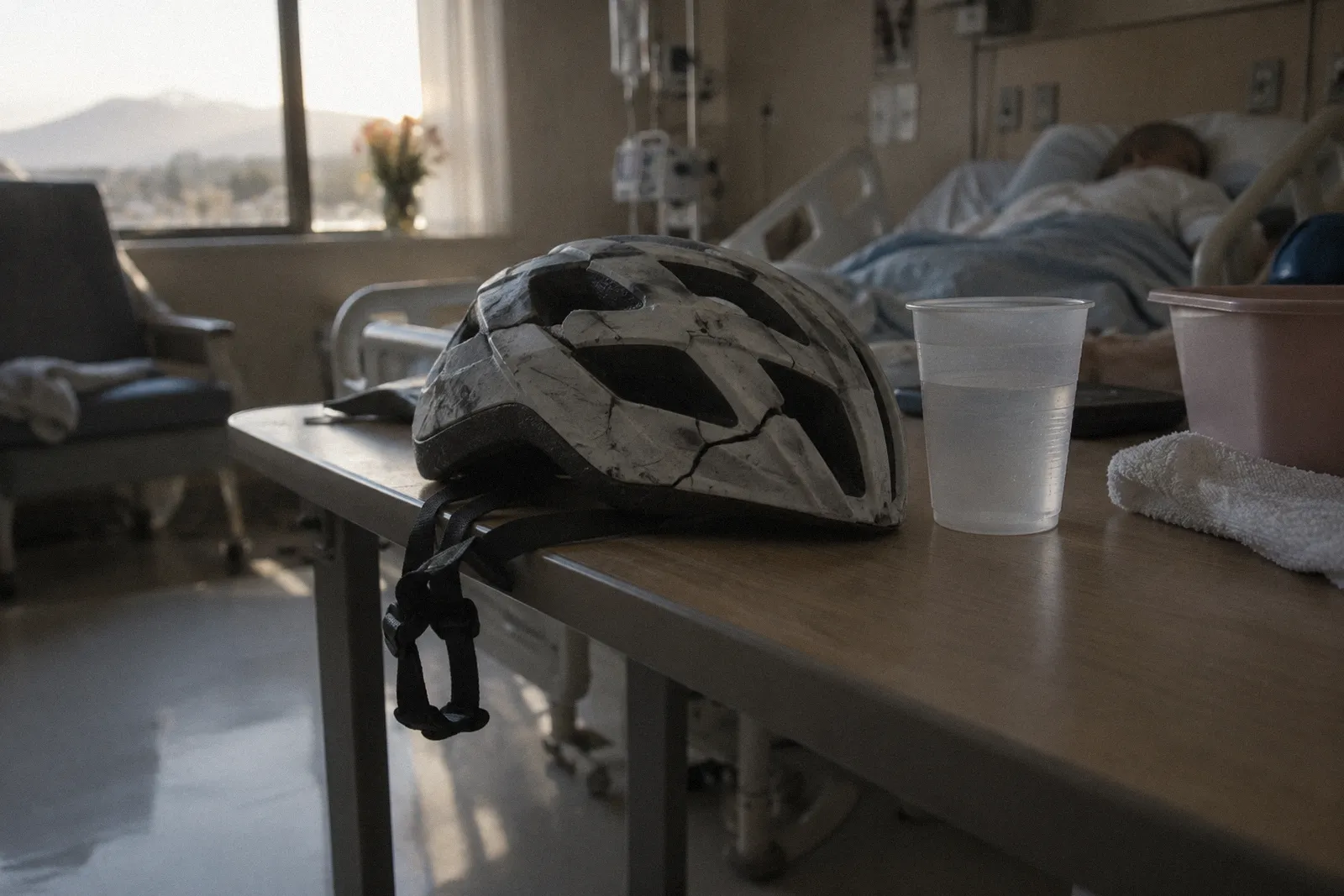 A cracked bicycle helmet resting on a hospital bedside table beside a cup of water