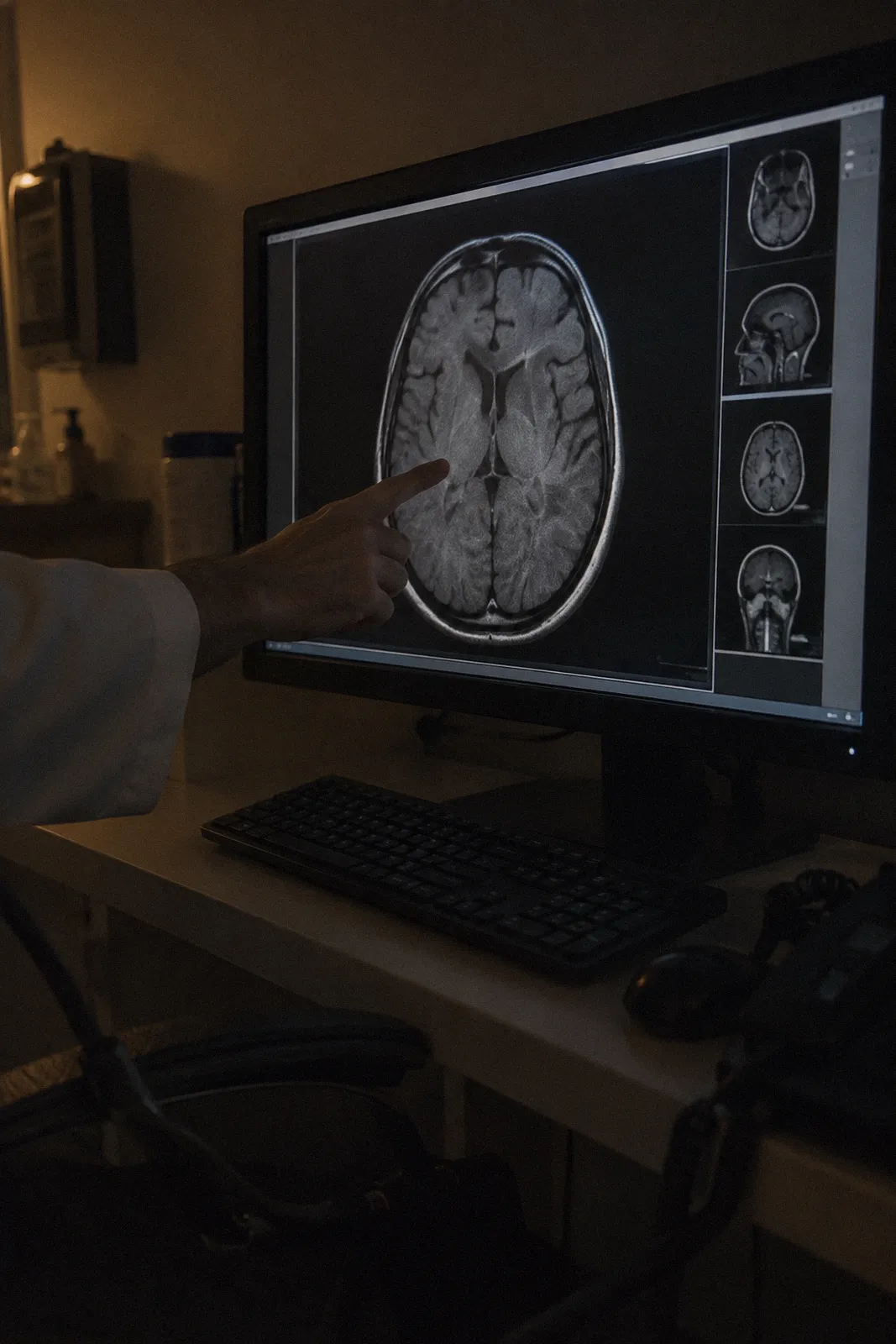 A brain MRI scan displayed on a monitor in a dim clinic room, a clinician's hand pointing, no face