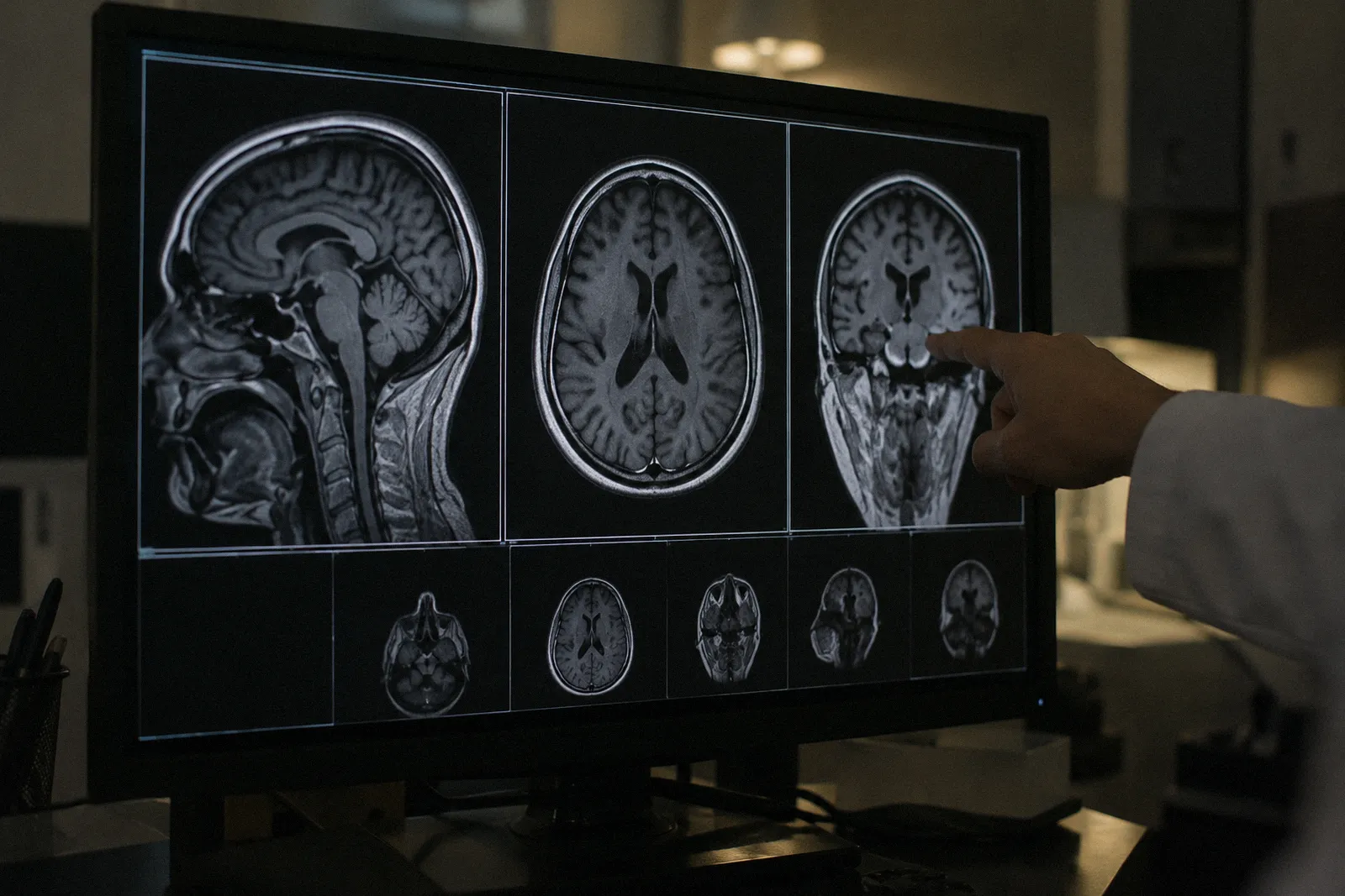 A brain MRI scan displayed on a monitor in a dim clinic room, a clinician's hand pointing, no face