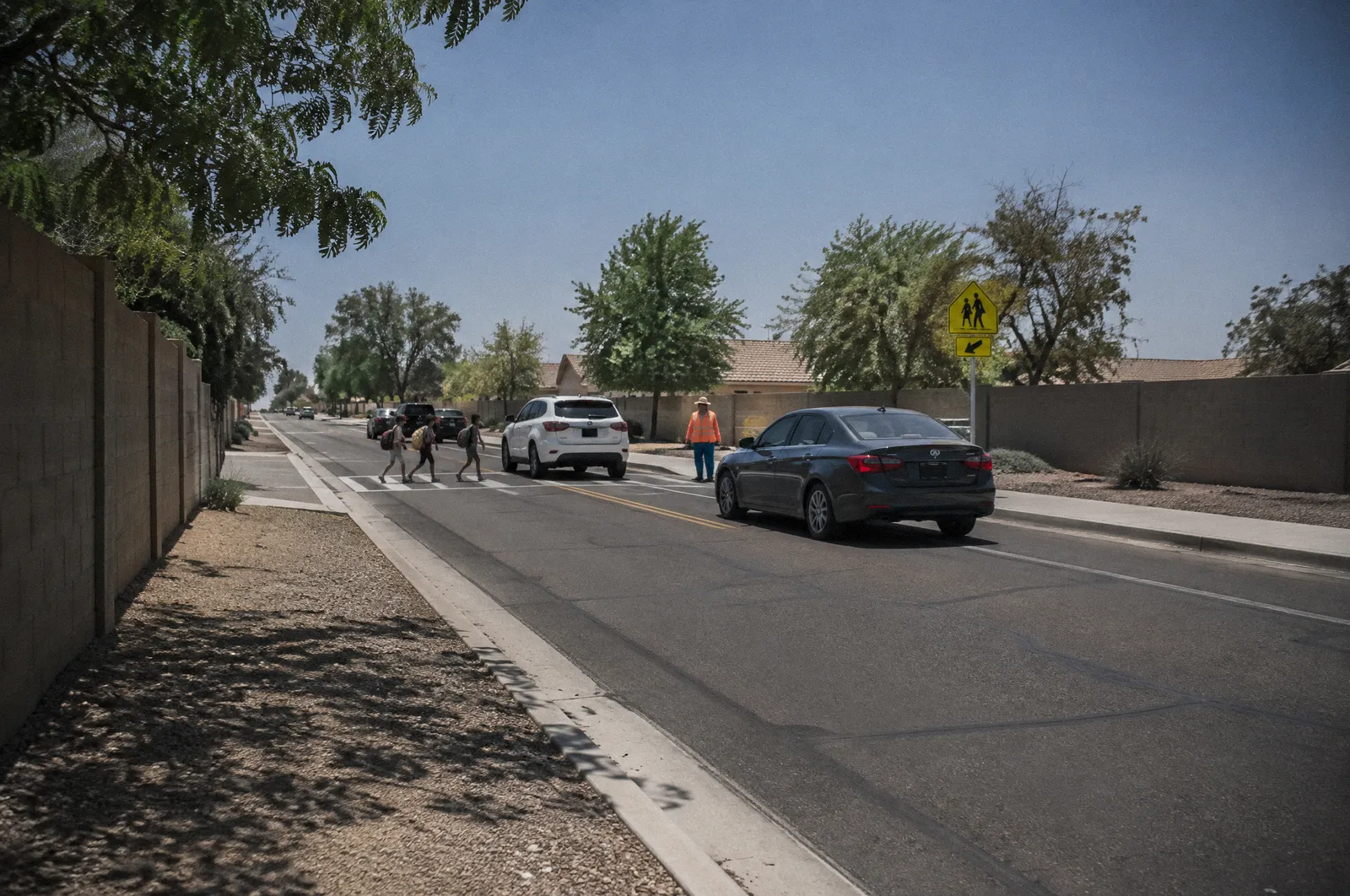 A Gilbert, Arizona neighborhood collector road with block walls, young trees and a school crossing area