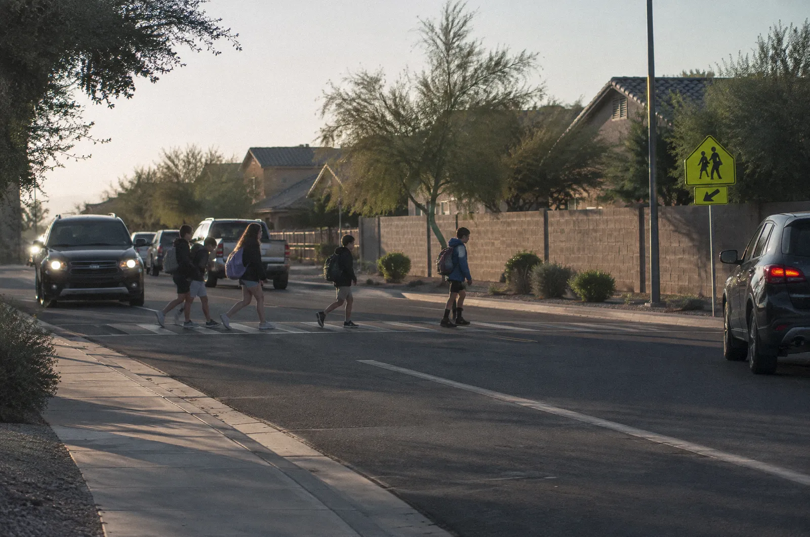 A Gilbert, Arizona neighborhood collector road with block walls, young trees and a school crossing area