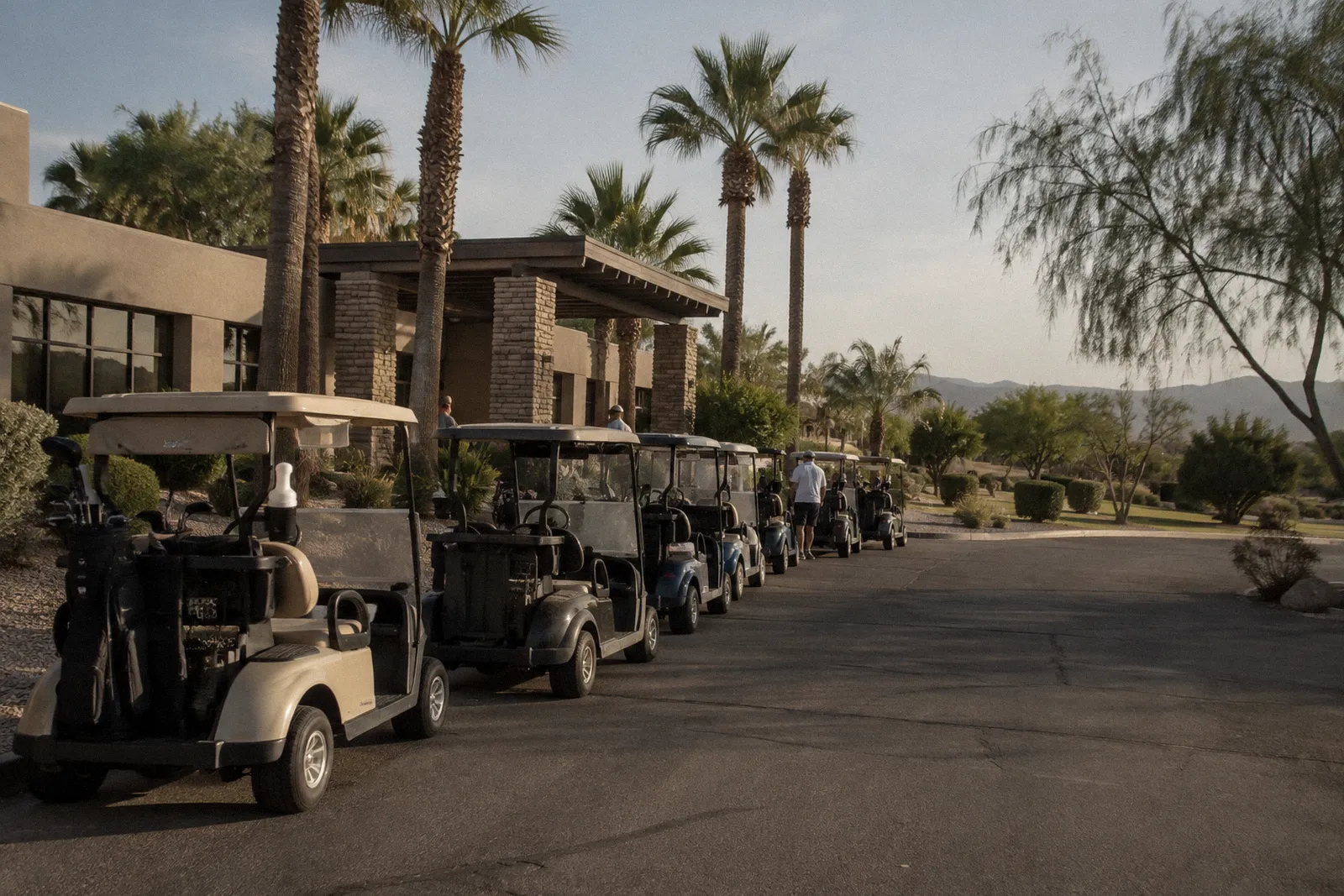 Several golf carts parked in a row outside a desert community recreation center, palms, afternoon