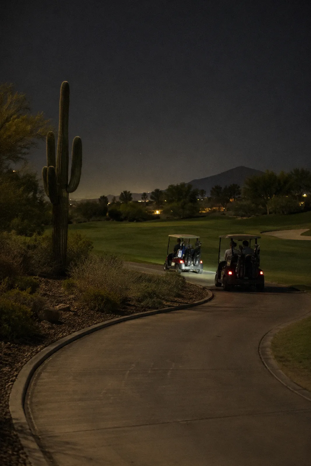 A curving concrete cart path on a desert golf course in north Scottsdale, saguaros and fairway grass