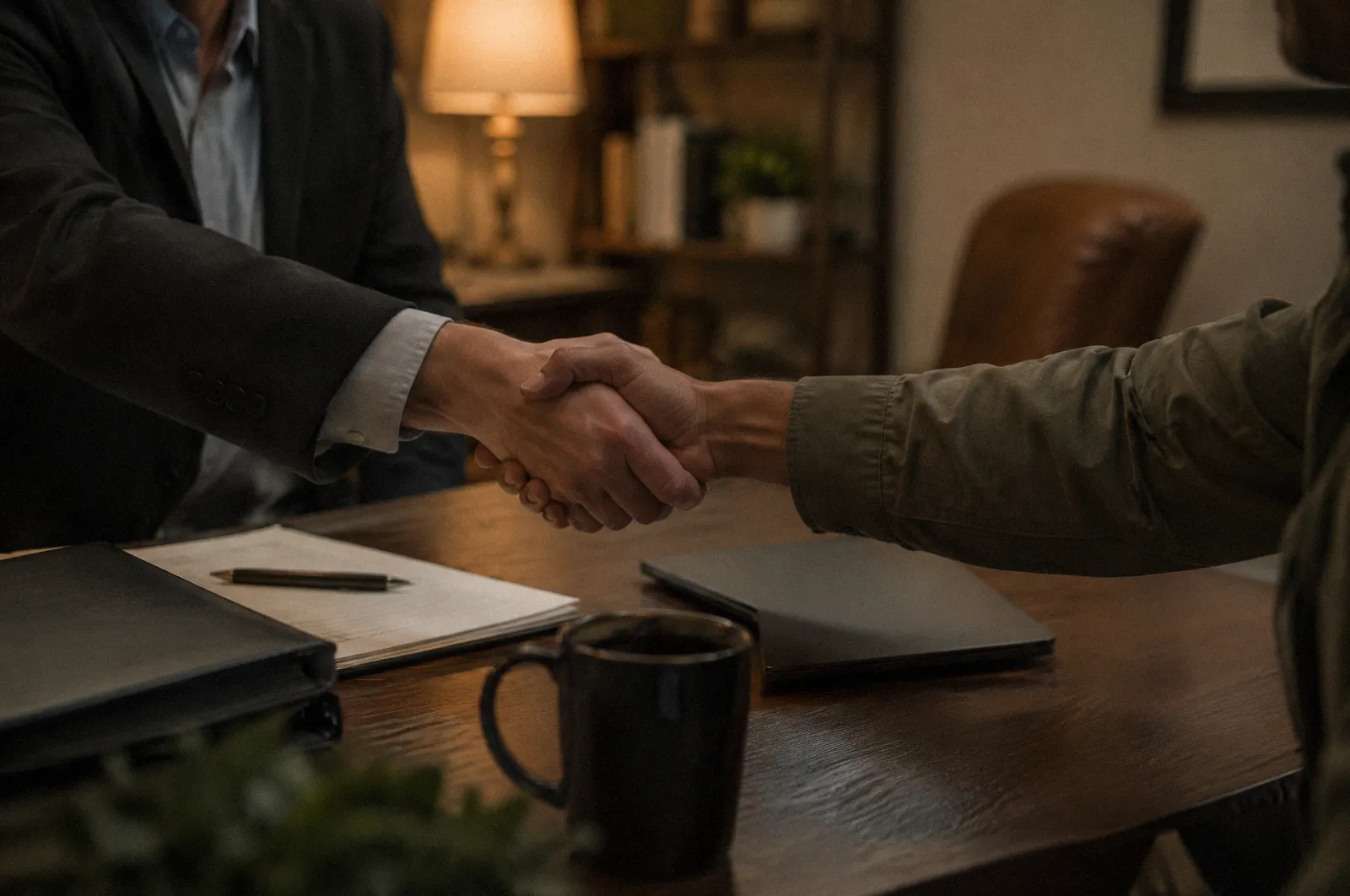 A handshake across a desk in soft focus, faces out of frame, warm office light