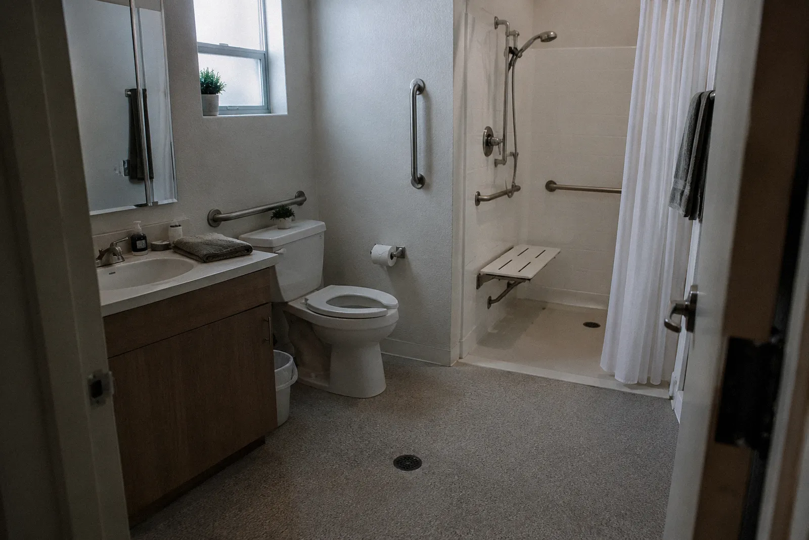 A home bathroom modified with grab bars and a roll-in shower, clean and plain
