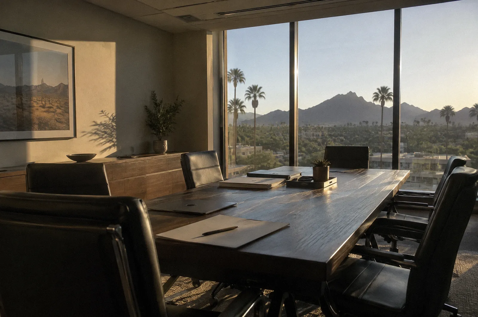 A law office conference room with a window view of Scottsdale palms and mountains, empty chairs, late light
