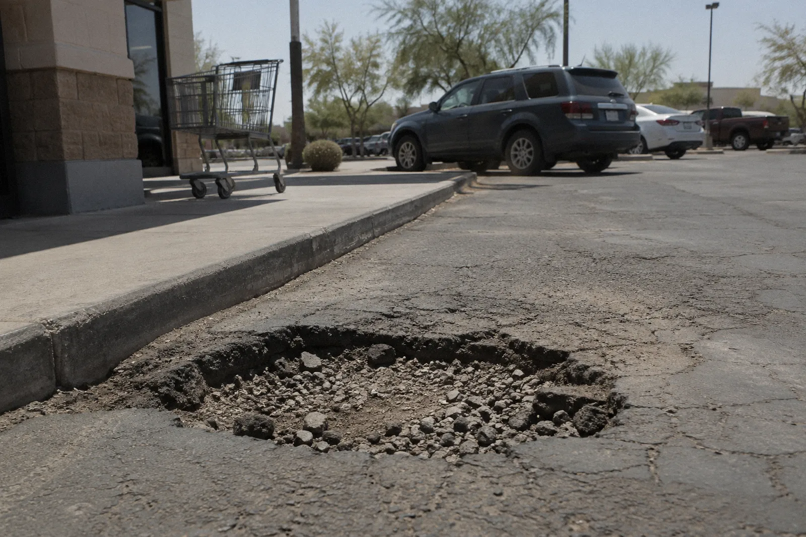 A deep pothole near a parking lot walkway at a strip mall, a shopping cart in the background, afternoon