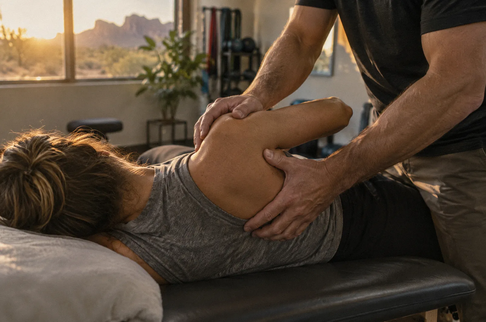 A physical therapist's hands guiding a patient's shoulder on a treatment table, faces out of frame