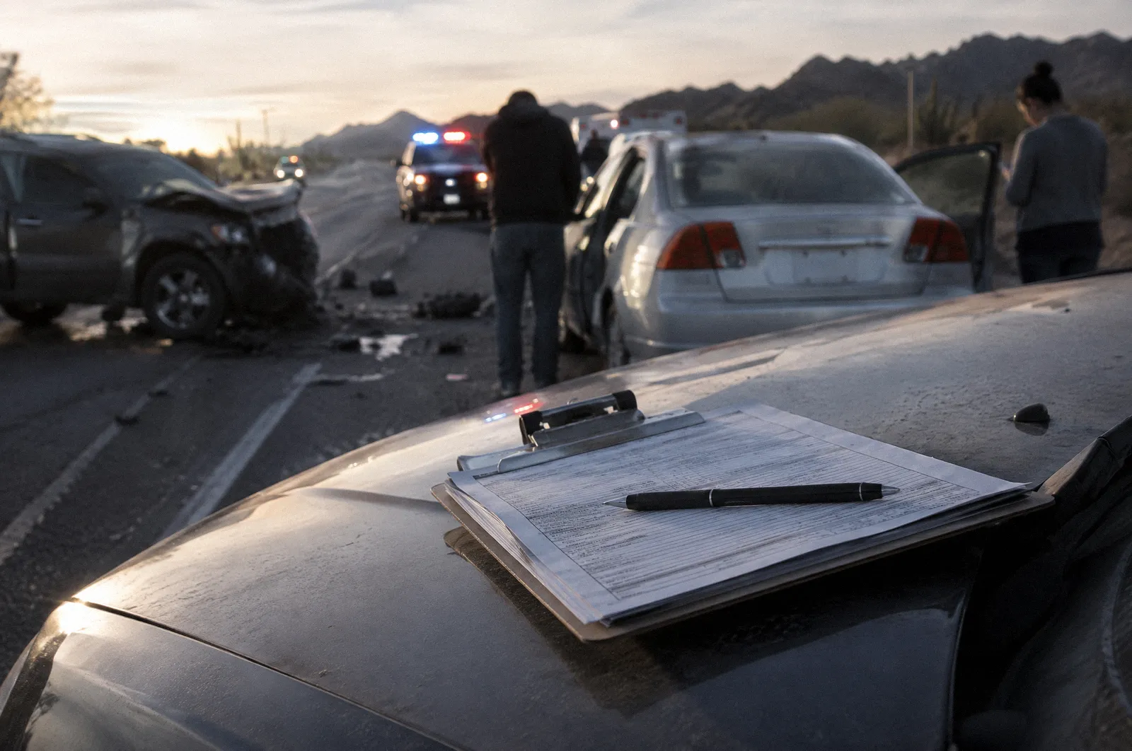 A crash report clipboard on the hood of a car, the form unreadable, emergency lights blurred far behind