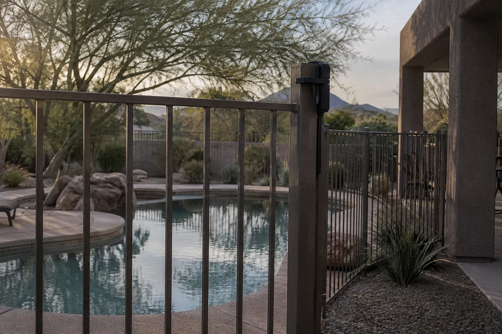 A self-closing pool gate with its latch set high on a desert backyard pool fence, still blue water behind, palo verde shade