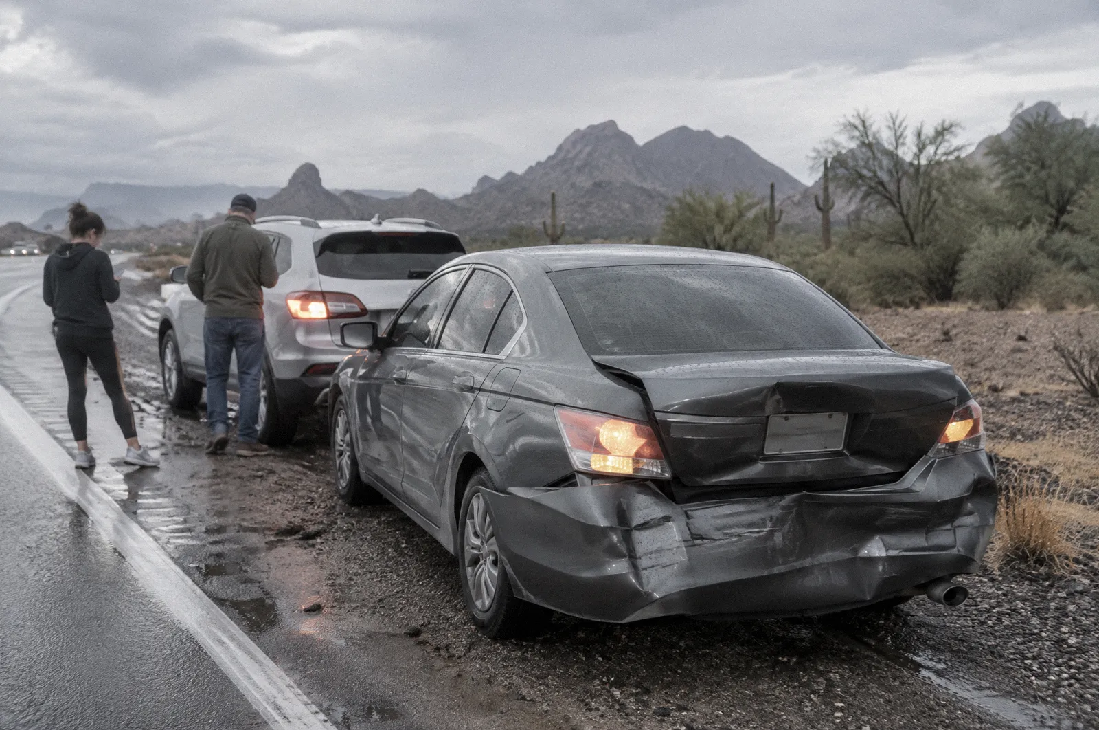 Two cars stopped on a road shoulder after a low-speed rear-end collision, crumpled rear bumper, hazard lights on
