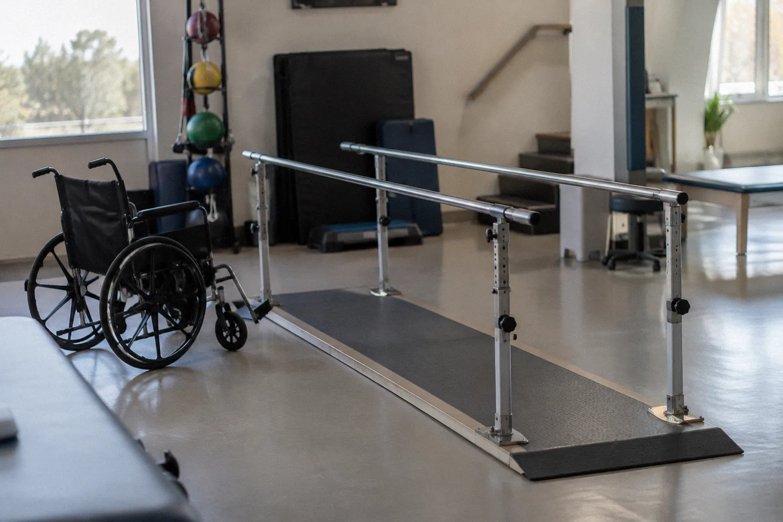 Parallel walking bars in a bright rehabilitation gym, a wheelchair beside them, no people