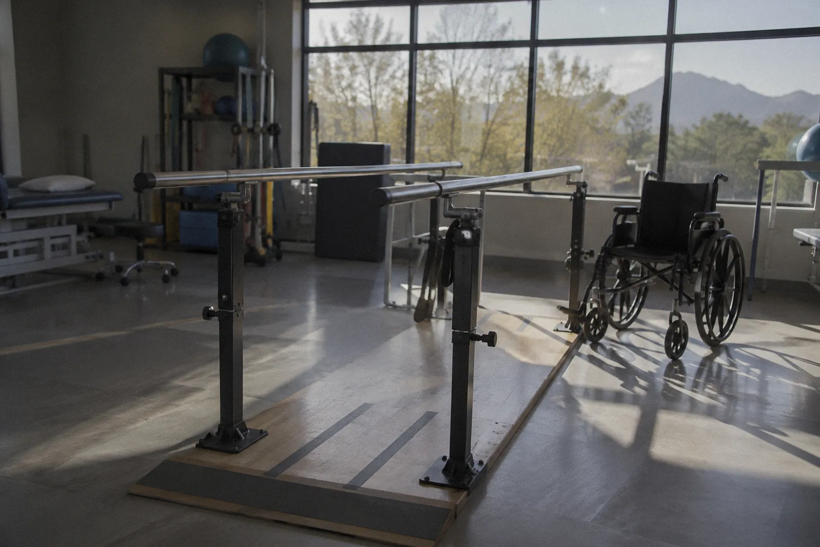 Parallel walking bars in a bright rehabilitation gym, a wheelchair beside them, no people