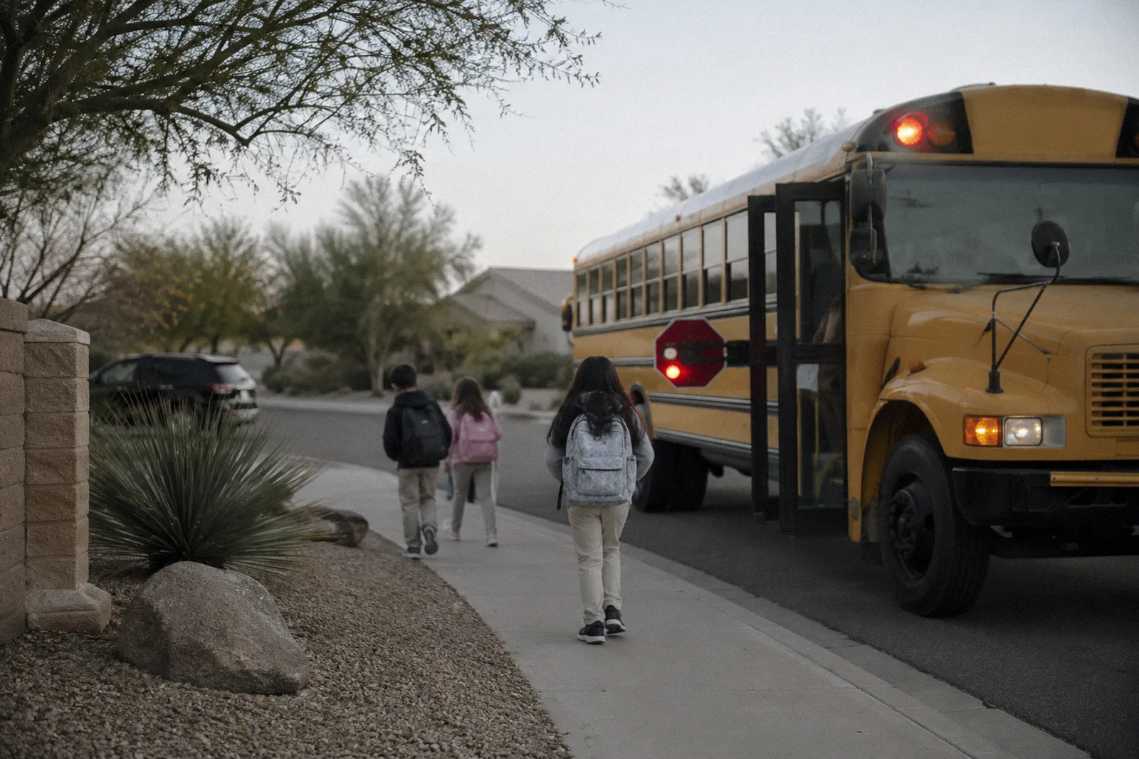 A yellow school bus stopped at a suburban curb with its stop arm out, desert landscaping, no readable lettering
