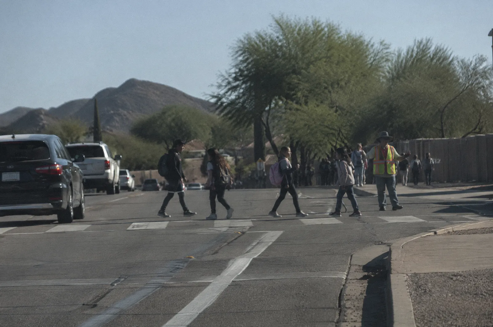 A school zone on an Arizona suburban road with crossing markings, morning light, no readable signs