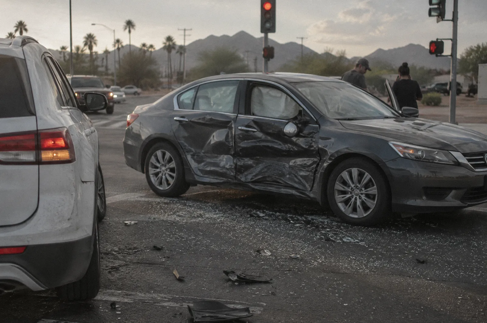 The side of a sedan caved in at the doors after a side-impact crash, stopped in an intersection, glass on asphalt