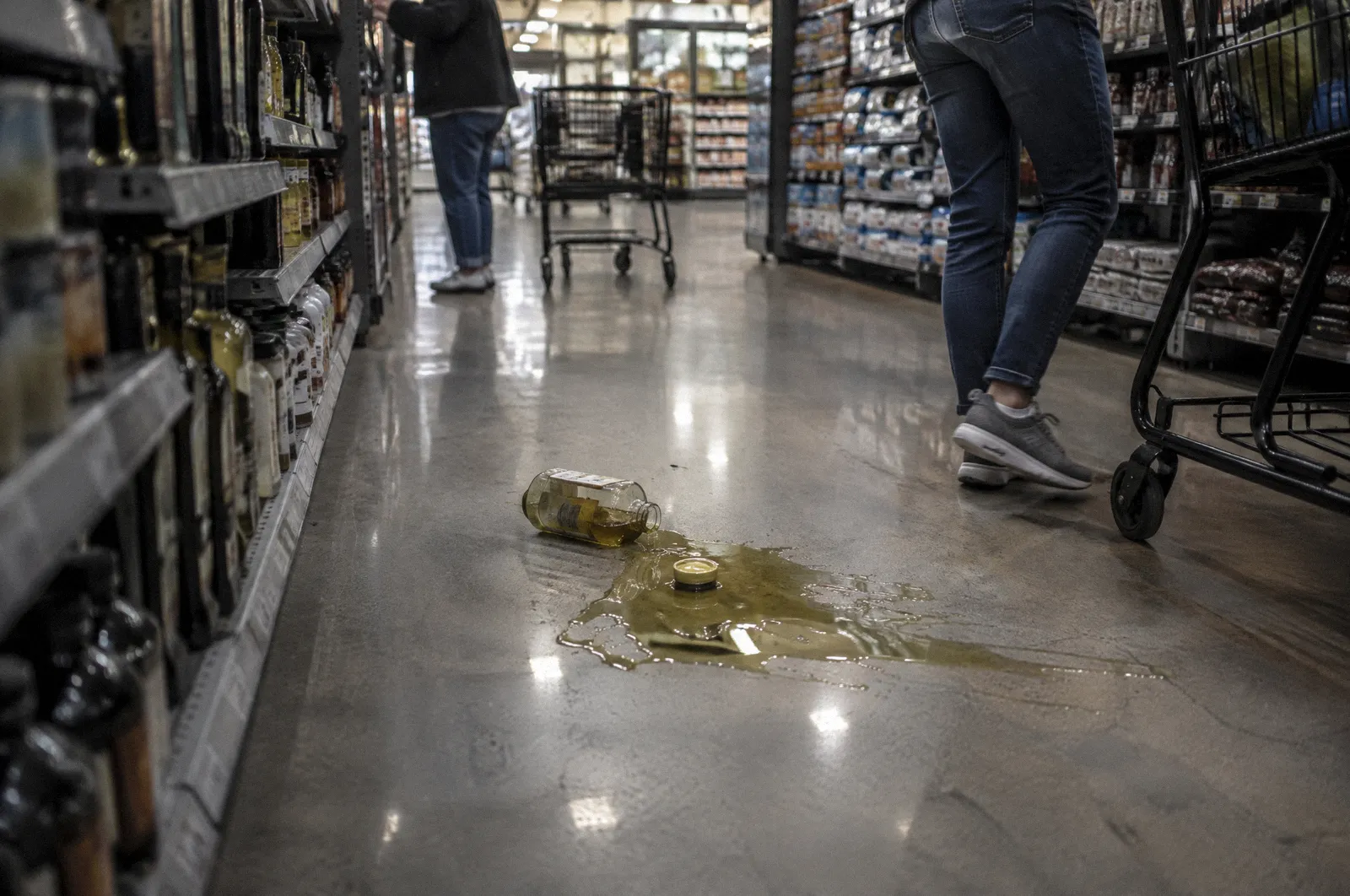 A spill on a polished store floor in a grocery aisle, shelves blurred with no readable labels