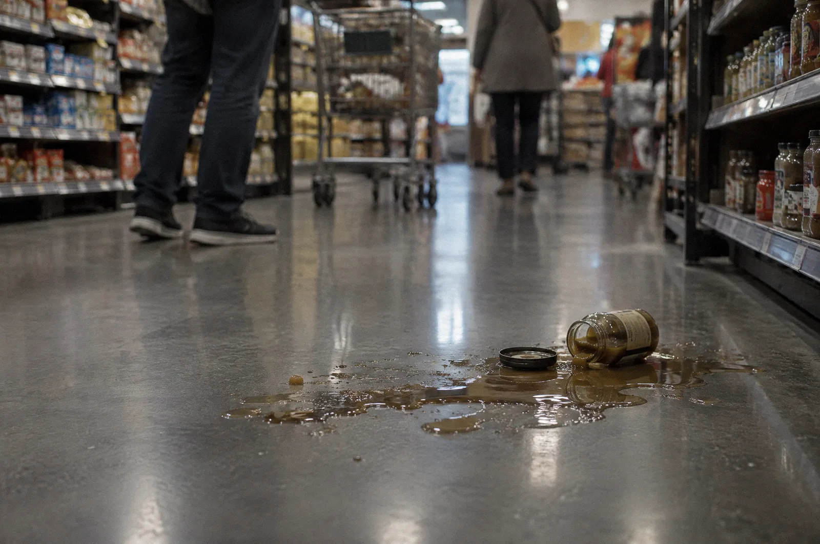 A spill on a polished store floor in a grocery aisle, shelves blurred with no readable labels