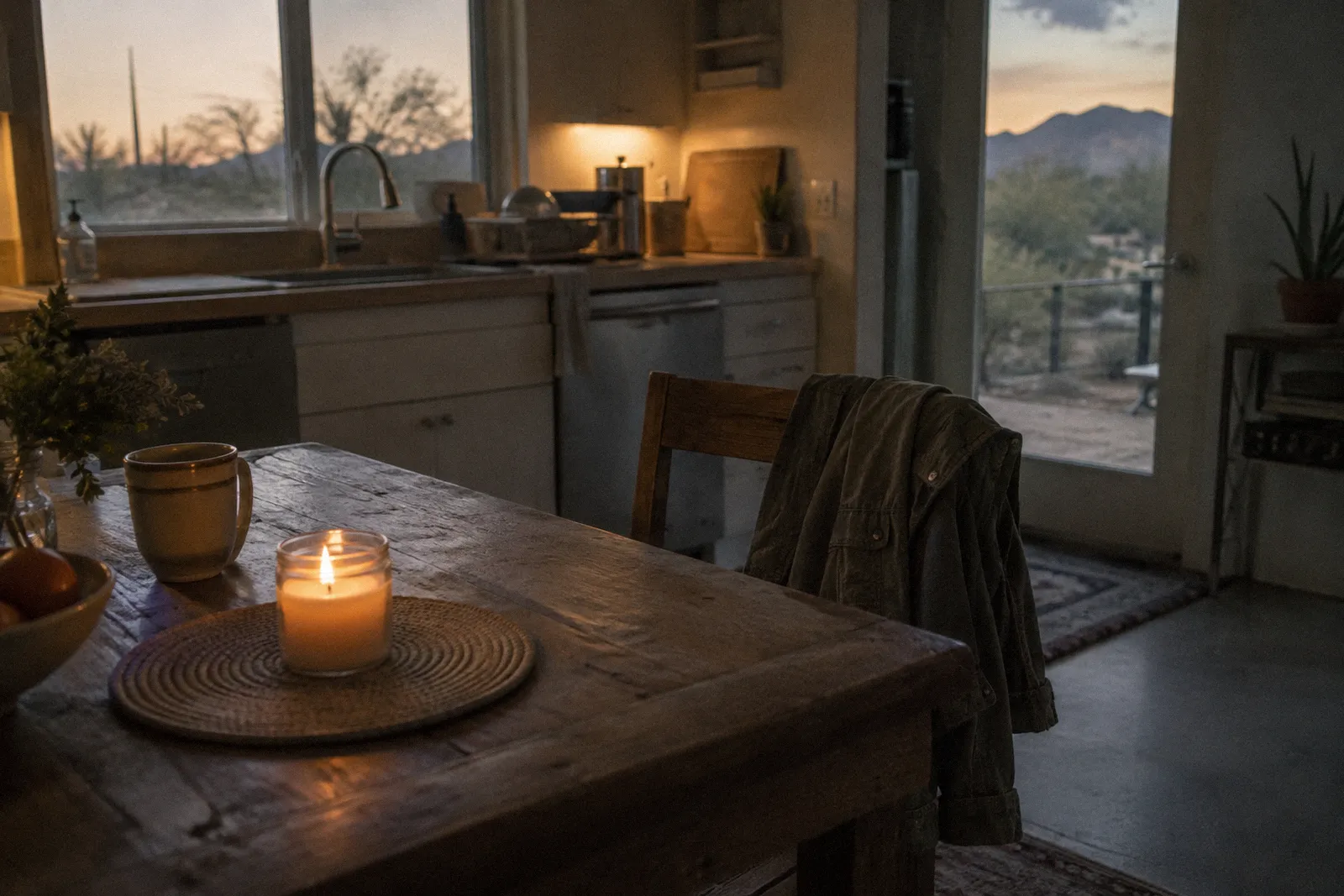 A single lit candle on a kitchen table beside a folded jacket on an empty chair, soft evening light