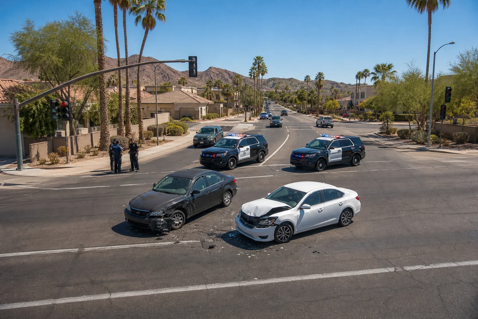 Phoenix metro intersection car accident scene representing Arizona comparative fault rules and how they reduce settlements