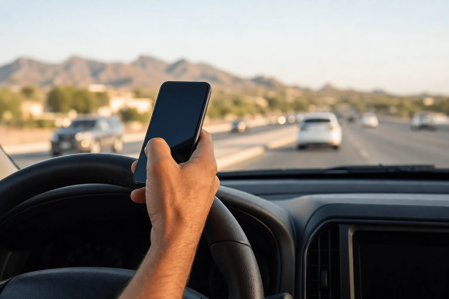 Driver holding a cell phone while operating a vehicle on a Phoenix metro highway, illustrating distracted driving and texting accident claims in Arizona
