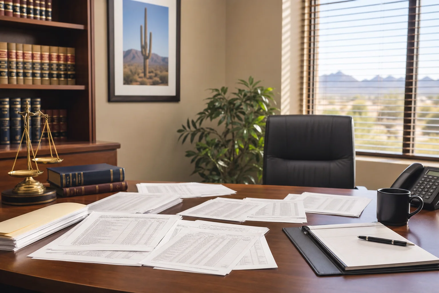 Valley Accident Law | Distracted Driving and Texting Accident Claims Arizona attorney reviewing subpoenaed cell phone records and case documents at a professional law office desk, natural window light, no text or labels