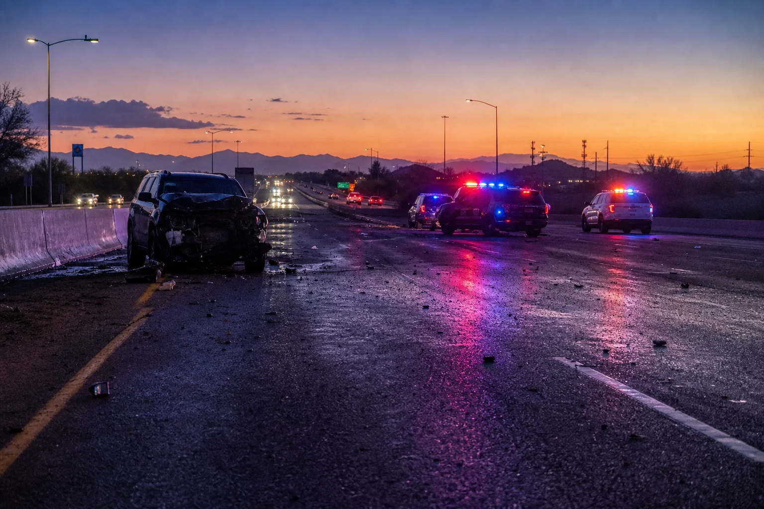 Arizona highway at dusk showing emergency vehicles at the scene of a drunk driving crash