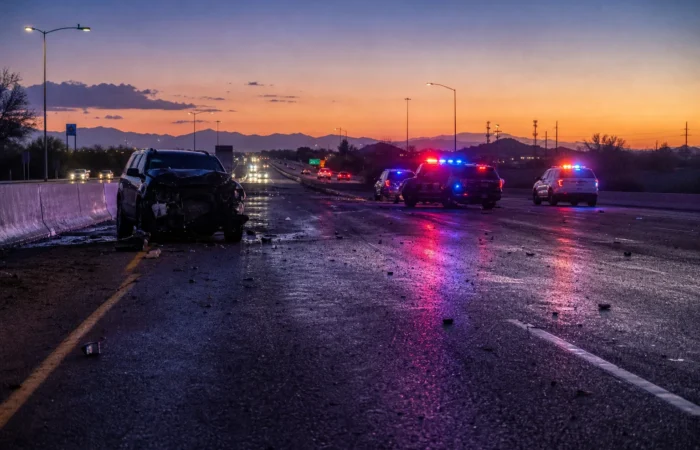 Arizona highway at dusk showing emergency vehicles at the scene of a drunk driving crash Arizona highway at dusk showing emergency vehicles at the scene of a drunk driving crash