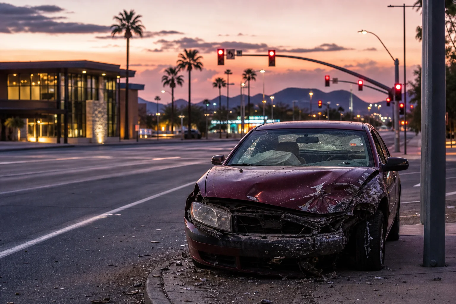 Abandoned damaged vehicle at a Phoenix area intersection at dusk representing hit and run accidents in the Phoenix area