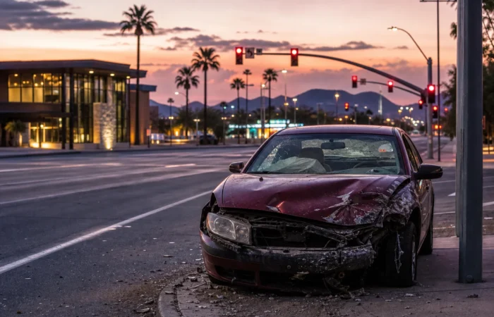 Abandoned damaged vehicle at a Phoenix area intersection at dusk representing hit and run accidents in the Phoenix area Abandoned damaged vehicle at a Phoenix area intersection at dusk representing hit and run accidents in the Phoenix area