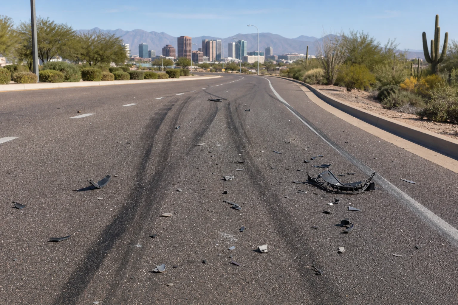 Valley Accident Law | Hit and Run Accidents in the Phoenix Area Skid marks and vehicle debris on an Arizona roadway after a hit-and-run collision in the Phoenix metro area