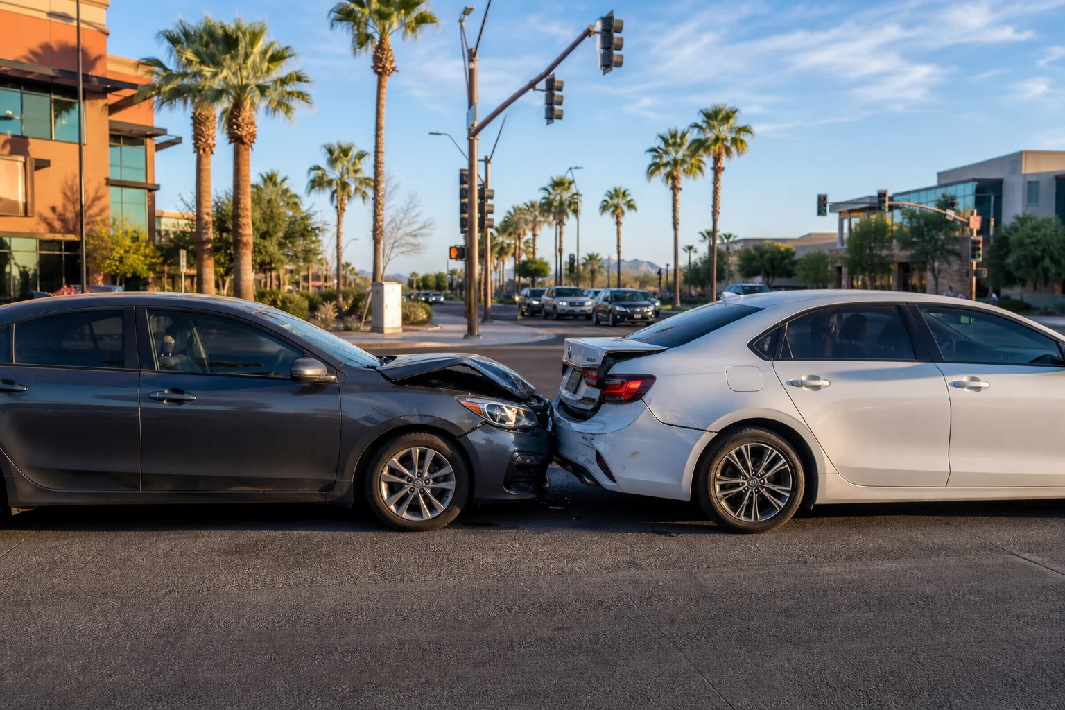 Two vehicles on a Scottsdale Arizona roadway after a rear-end collision, showing bumper and front-end damage at a sunlit intersection