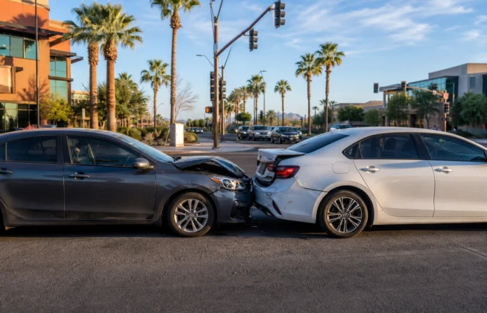 Two vehicles on a Scottsdale Arizona roadway after a rear-end collision, showing bumper and front-end damage at a sunlit intersection Two vehicles on a Scottsdale Arizona roadway after a rear-end collision, showing bumper and front-end damage at a sunlit intersection