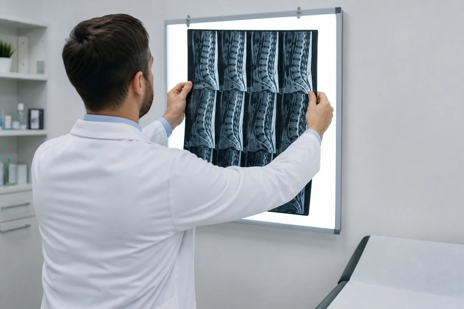 Valley Accident Law | Rear-End Collision Claims in Scottsdale Doctor reviewing a spinal MRI scan on an illuminated lightbox in a clean clinical examination room, photorealistic editorial photography, soft clinical lighting, no text overlay
