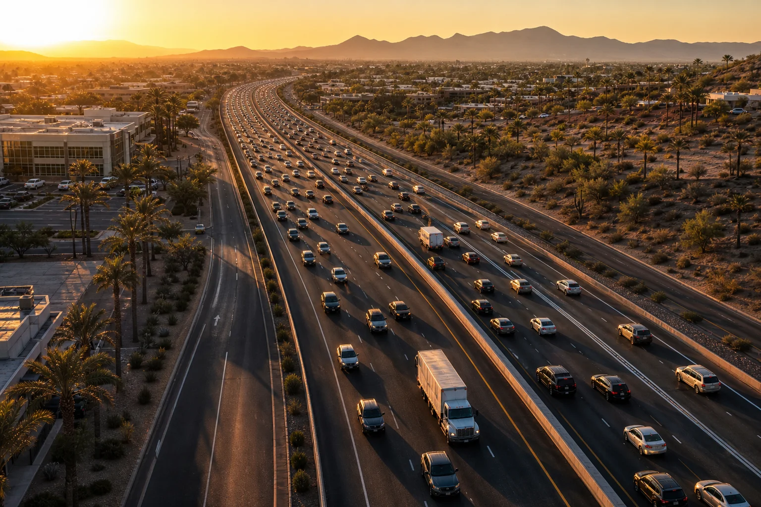 Aerial view of Loop 101 Pima Freeway in Scottsdale Arizona with heavy rush hour traffic, illustrating Scottsdale and Phoenix car accident hotspots