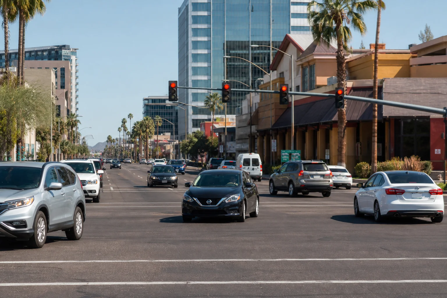Valley Accident Law | Scottsdale and Phoenix Car Accident Hotspots: Loop 101, Pima Rd, Shea Blvd, I-17, US-60 Busy multi-lane intersection on Shea Boulevard in Scottsdale Arizona showing heavy traffic congestion