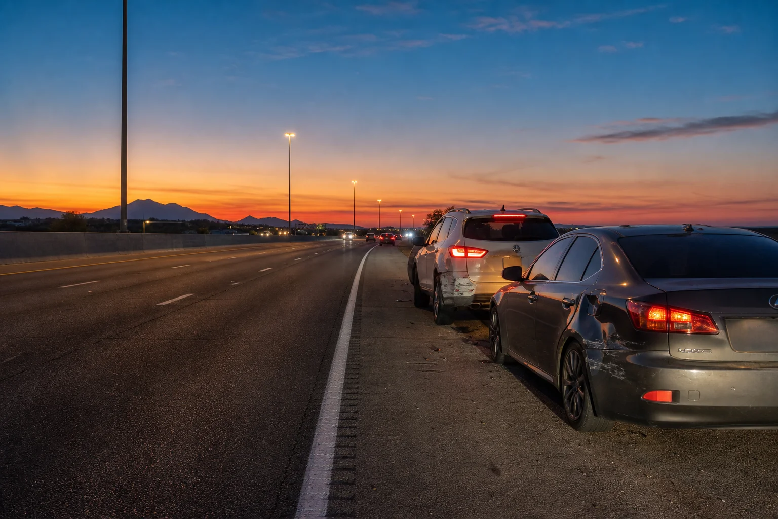 Uninsured and underinsured motorist coverage in Arizona: two cars on a Phoenix freeway shoulder after a collision at dawn