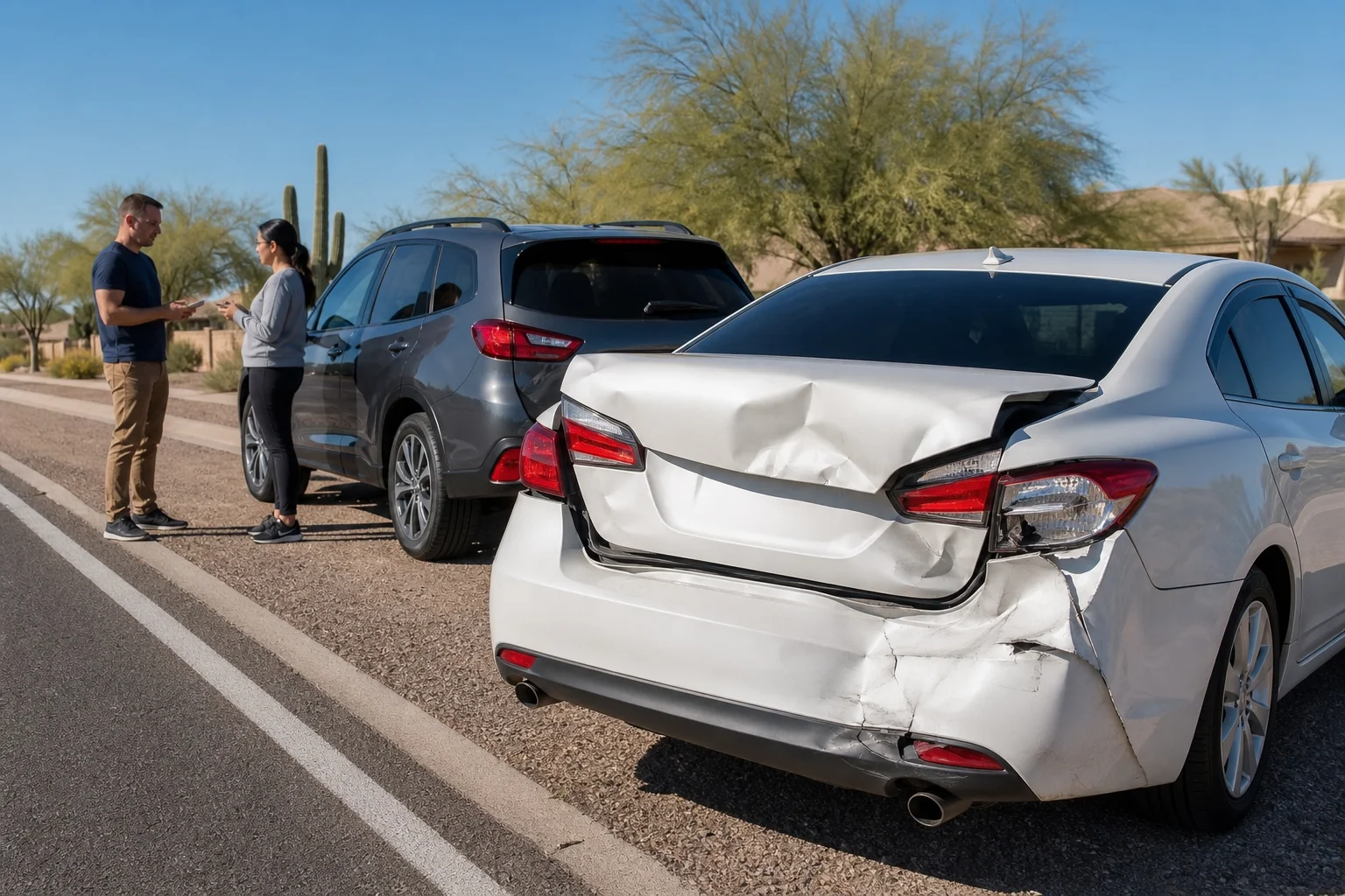 Valley Accident Law | Uninsured and Underinsured Motorist Coverage in Arizona Two vehicles stopped on the shoulder of a Scottsdale, Arizona road in afternoon sunlight, one showing rear-end damage, both drivers visible in background exchanging information after a collision